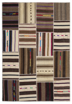 Teselya 2215 Beige Striped Wool Handmade Area Rug 5'3" x 7'7"