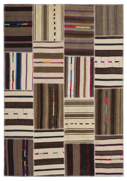Teselya 2215 Beige Striped Wool Handmade Area Rug 5'3" x 7'7"