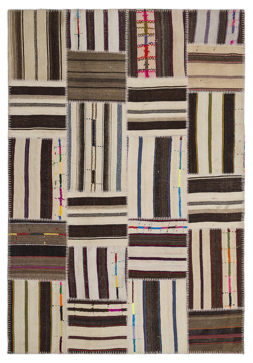 Teselya 2217 Beige Striped Wool Handmade Area Rug 5'3" x 7'7"