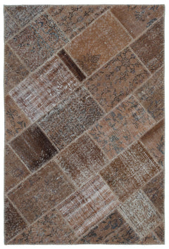Iskece 22194 Brown Patchwork Wool Handmade Area Rug 3'11" x 5'11"