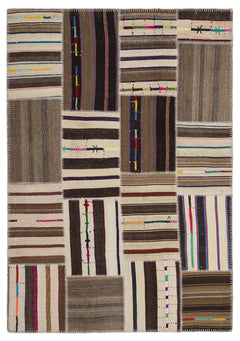 Teselya 2223 Beige Striped Wool Handmade Area Rug 5'3" x 7'7"
