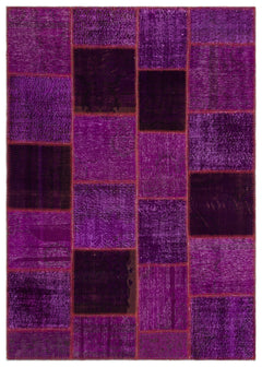Iskece 22270 Purple Patchwork Wool Handmade Area Rug 5'3" x 7'7"