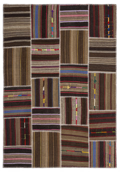 Teselya 2229 Brown Striped Wool Handmade Area Rug 5'3" x 7'7"