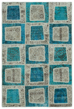 Iskece 22318 Turquoise Patchwork Wool Handmade Area Rug 3'11" x 5'11"