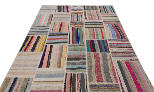 Teselya Beige Striped Wool Handmade Area Rug 6'2" x 9'2"