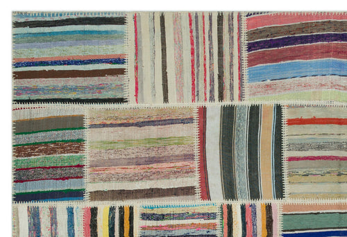 Teselya Beige Striped Wool Handmade Area Rug 6'2" x 9'2"