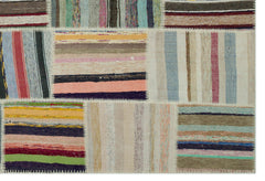 Teselya Beige Striped Wool Handmade Area Rug 6'2" x 9'2"