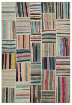 Teselya Beige Striped Wool Handmade Area Rug 6'2" x 9'2"