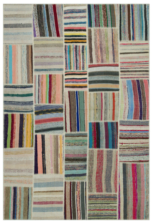 Teselya Beige Striped Wool Handmade Area Rug 6'2" x 9'2"