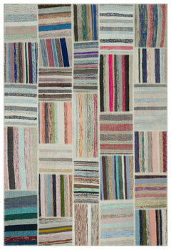 Teselya 22397 Beige Striped Wool Handmade Area Rug 6'3" x 9'2"
