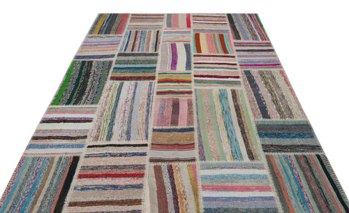 Teselya Beige Striped Wool Handmade Area Rug 6'3" x 9'0"