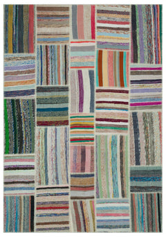 Teselya Beige Striped Wool Handmade Area Rug 6'3" x 9'0"