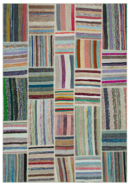Teselya Beige Striped Wool Handmade Area Rug 6'3" x 9'0"