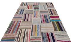 Teselya Beige Striped Wool Handmade Area Rug 6'7" x 8'6"