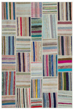 Teselya Beige Striped Wool Handmade Area Rug 6'7" x 8'6"
