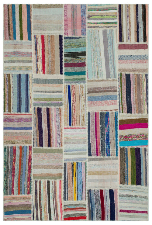 Teselya Beige Striped Wool Handmade Area Rug 6'7" x 8'6"