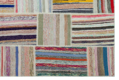 Teselya Beige Striped Wool Handmade Area Rug 6'7" x 8'6"