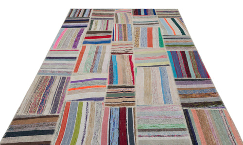 Teselya Beige Striped Wool Handmade Area Rug 6'1" x 9'1"