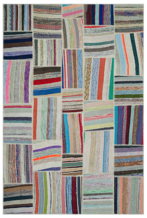 Teselya Beige Striped Wool Handmade Area Rug 6'1" x 9'1"