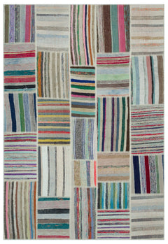 Teselya Beige Striped Wool Handmade Area Rug 6'3" x 9'1"