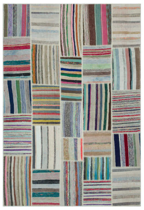 Teselya Beige Striped Wool Handmade Area Rug 6'3" x 9'1"