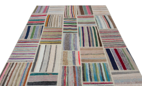 Teselya Beige Striped Wool Handmade Area Rug 6'3" x 9'1"