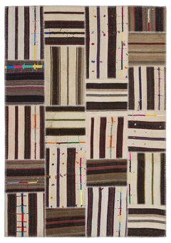 Teselya 2241 Beige Striped Wool Handmade Area Rug 5'3" x 7'7"