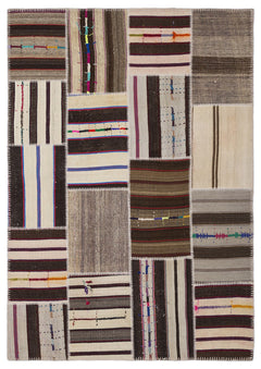 Teselya 2242 Beige Striped Wool Handmade Area Rug 5'3" x 7'7"