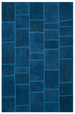 Teselya Blue Patchwork Wool Handmade Area Rug 6'5" x 9'9"