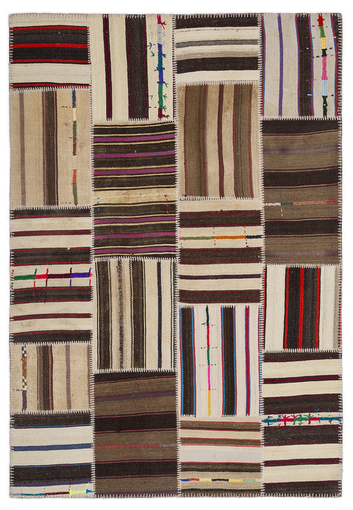 Teselya 2244 Beige Striped Wool Handmade Area Rug 5'3" x 7'7"