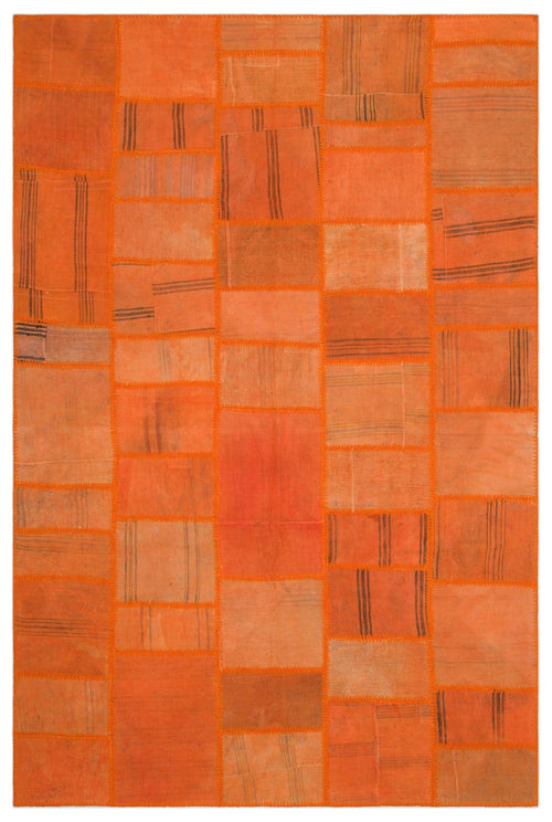 Teselya 22455 Orange Patchwork Wool Handmade Area Rug 6'5" x 9'7"