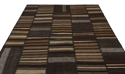 Teselya Beige Striped Wool Handmade Area Rug 6'8" x 9'9"