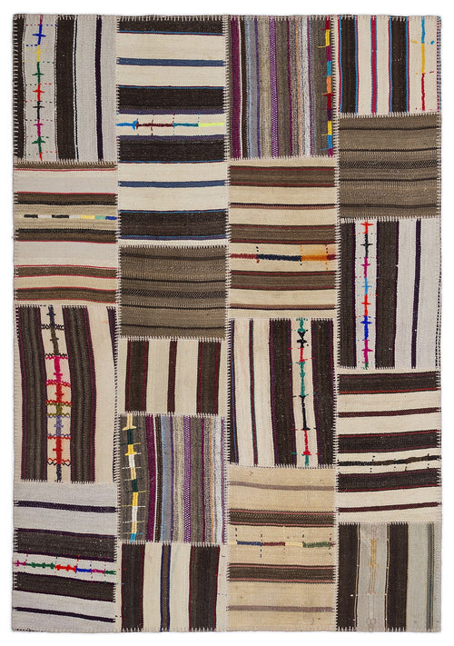 Teselya 2246 Beige Striped Wool Handmade Area Rug 5'3" x 7'7"