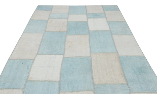 Teselya Blue Patchwork Wool Handmade Area Rug 6'4" x 9'11"
