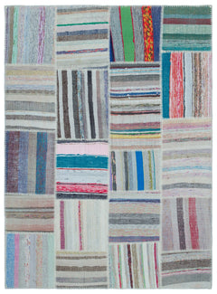 Teselya 22489 Patchwork Striped Wool Handmade Area Rug 5'3" x 7'3"