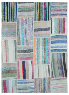 Teselya 22490 Patchwork Striped Wool Handmade Area Rug 5'3" x 7'3"
