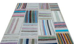 Teselya 22492 Blue Striped Wool Handmade Area Rug 5'1" x 7'7"
