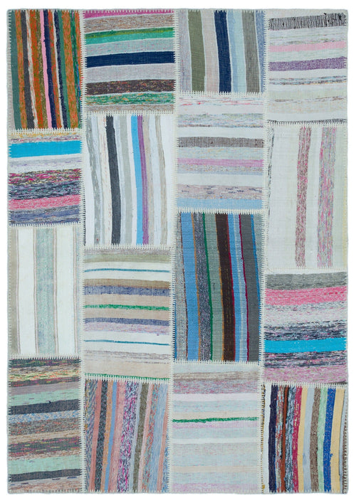 Teselya 22492 Blue Striped Wool Handmade Area Rug 5'1" x 7'7"