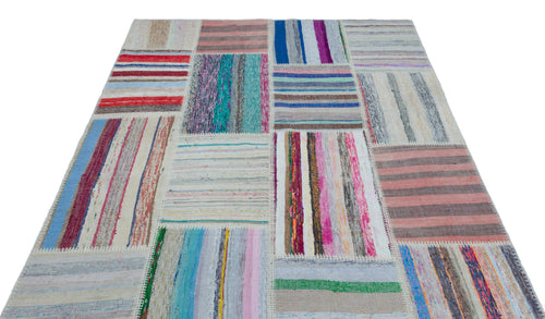 Teselya 22498 Patchwork Striped Wool Handmade Area Rug 5'3" x 7'7"