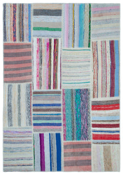 Teselya 22498 Patchwork Striped Wool Handmade Area Rug 5'3" x 7'7"