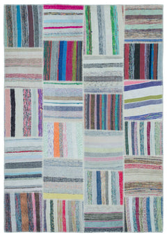 Teselya 22499 Patchwork Striped Wool Handmade Area Rug 5'3" x 7'7"