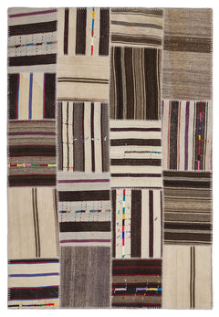 Teselya 2249 Beige Striped Wool Handmade Area Rug 5'3" x 7'7"