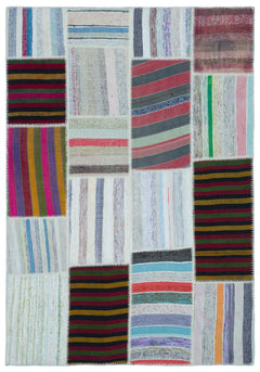 Teselya 22500 Patchwork Striped Wool Handmade Area Rug 5'3" x 7'7"