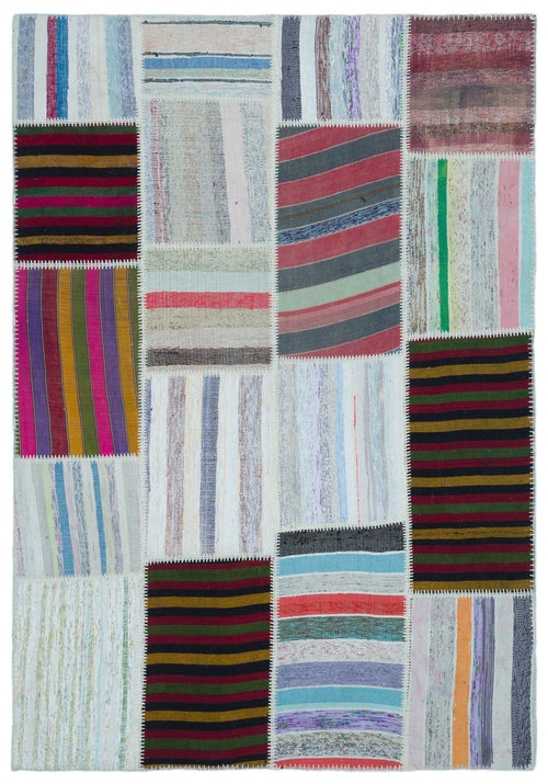 Teselya 22500 Patchwork Striped Wool Handmade Area Rug 5'3" x 7'7"