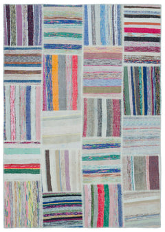 Teselya 22502 Beige Striped Wool Handmade Area Rug 5'3" x 7'7"