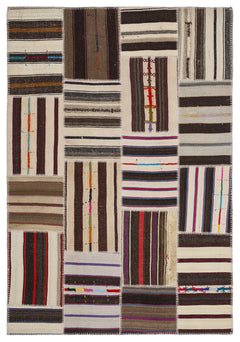 Teselya 2250 Patchwork Striped Wool Handmade Area Rug 5'3" x 7'7"