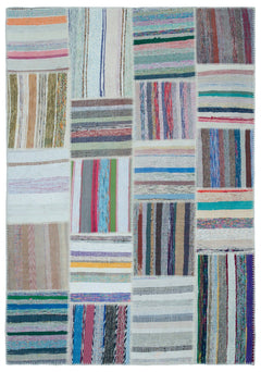 Teselya 22514 Patchwork Striped Wool Handmade Area Rug 5'3" x 7'7"