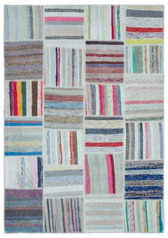 Teselya 22538 Patchwork Striped Wool Handmade Area Rug 5'3" x 7'7"