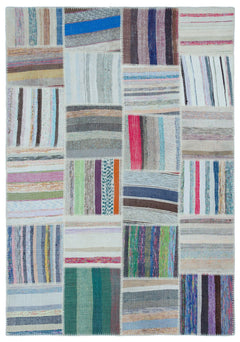 Teselya 22539 Patchwork Striped Wool Handmade Area Rug 5'3" x 7'7"