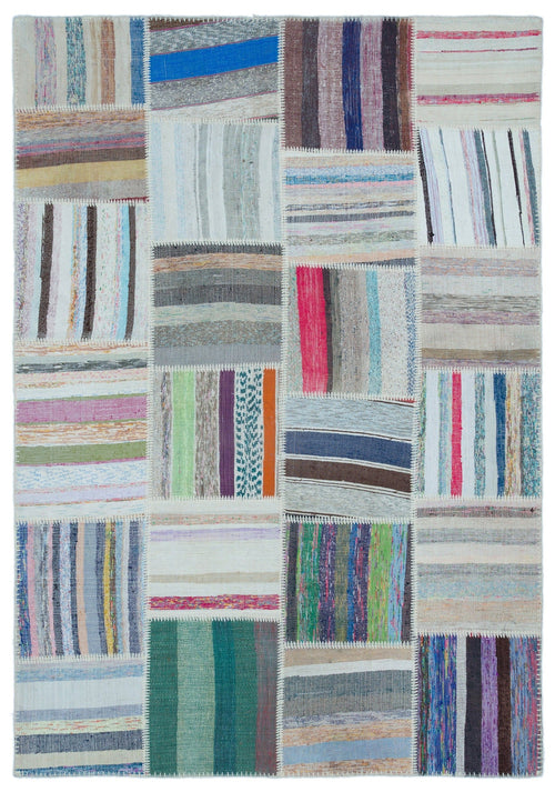 Teselya 22539 Patchwork Striped Wool Handmade Area Rug 5'3" x 7'7"